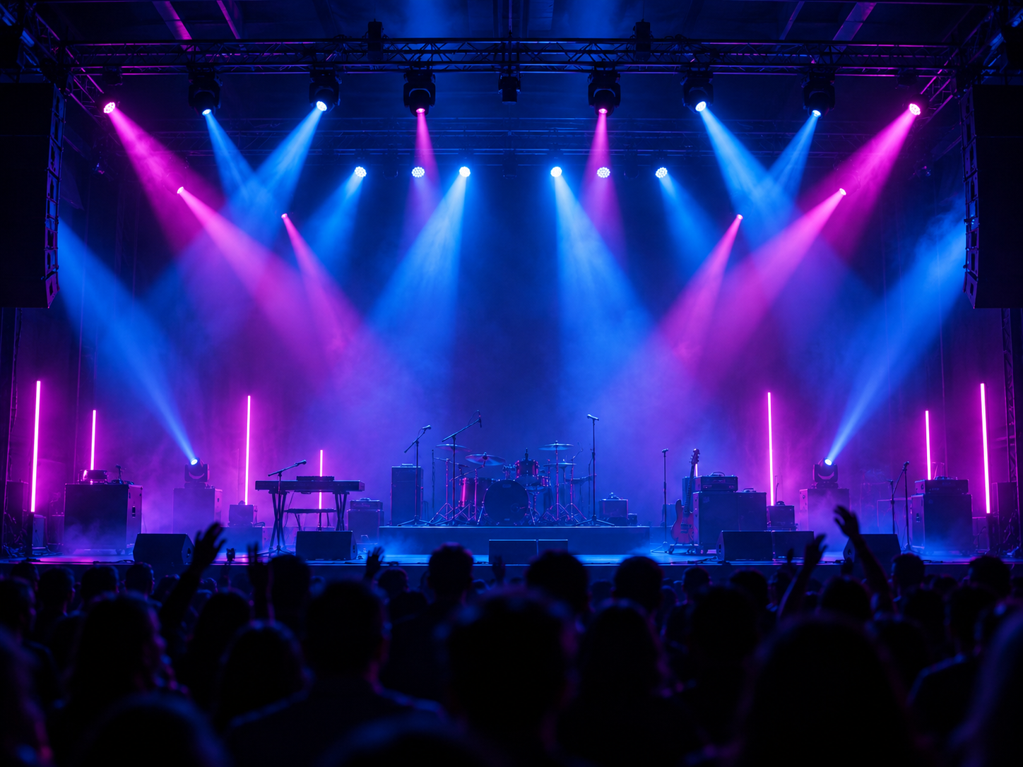 Concert stage illuminated in blue and magenta